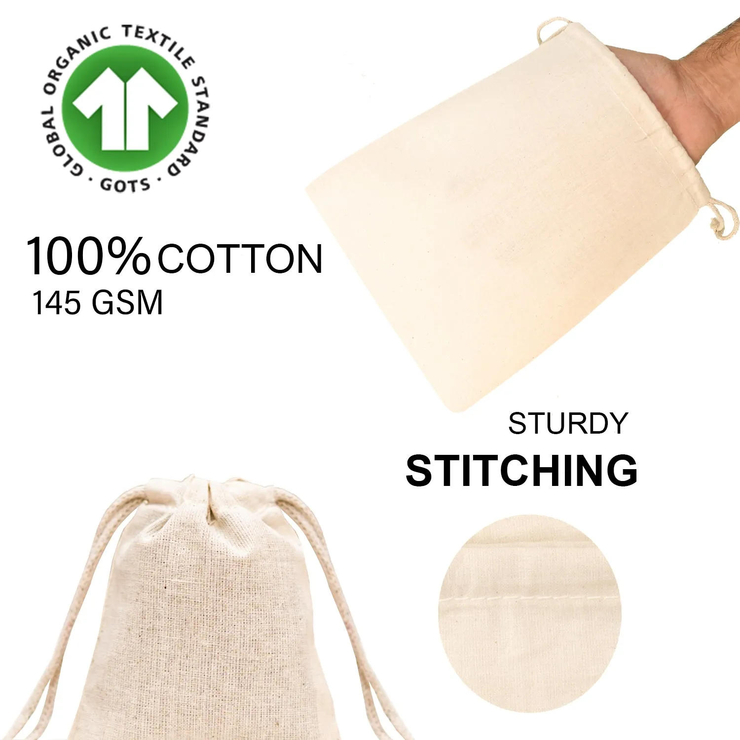 100% Cotton Double Drawstring Pouch for everyday use (Pack of 12 x 16   12 x 20 Inches)