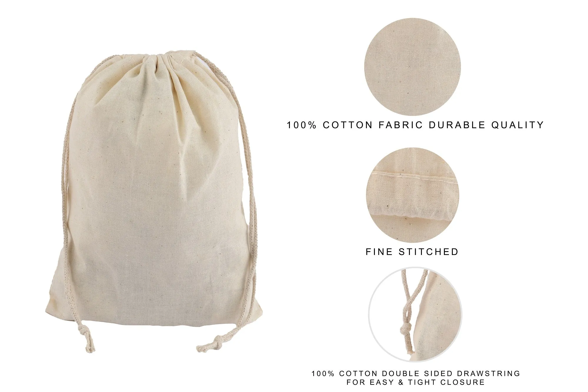 100% Cotton Double Drawstring Pouch for everyday use (Pack of 12 x 16   12 x 20 Inches)