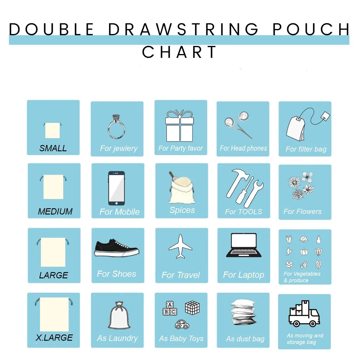 100% Cotton Double Drawstring Pouch for everyday use (Pack of 12 x 16   12 x 20 Inches)
