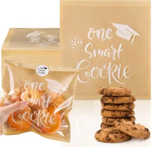 100 Pcs 2025 Graduation Party Favors for Guests One Smart Cookie Gift Bags Buffet Treat Candy Snack Kraft Paper Bags with Stickers Congrats Grad Party Decoration Supplies, 7.1 x 7.5 in
