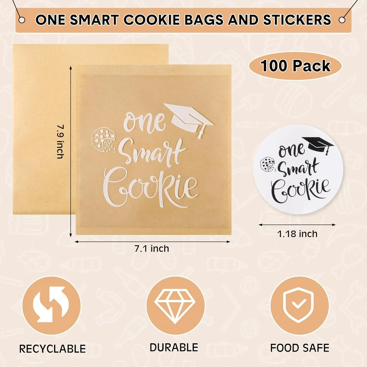 100 Pcs 2025 Graduation Party Favors for Guests One Smart Cookie Gift Bags Buffet Treat Candy Snack Kraft Paper Bags with Stickers Congrats Grad Party Decoration Supplies, 7.1 x 7.5 in