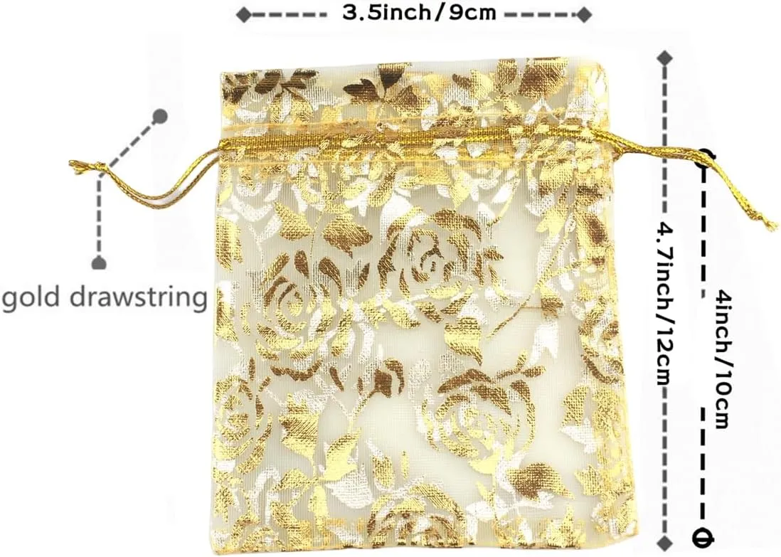 100 pcs 3.5 x 4.7 Inch Flower Heart Organza Jewelry Gift Pouch Candy Pouch Drawstring Wedding Favor Bags X92 (gold gold flower)