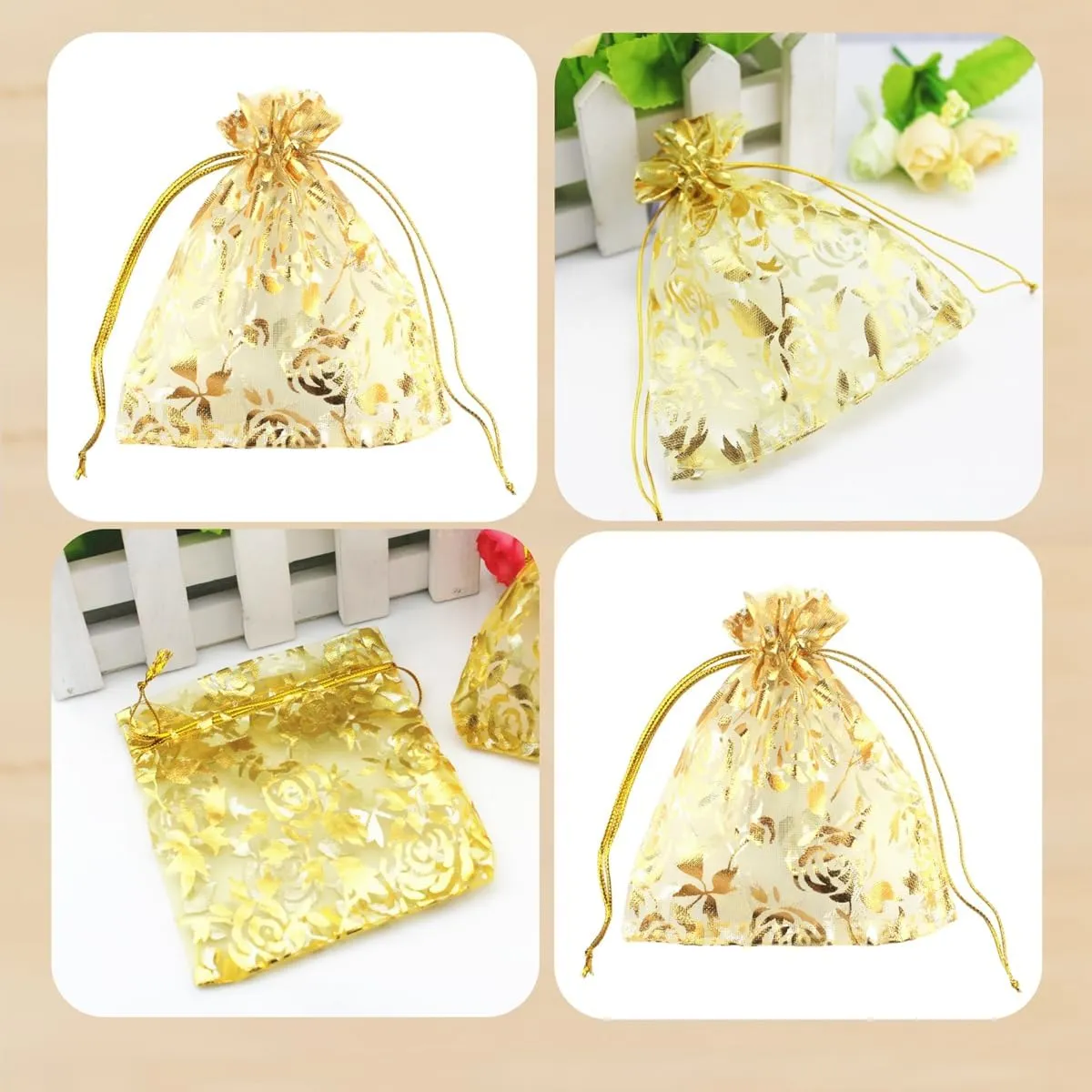 100 pcs 3.5 x 4.7 Inch Flower Heart Organza Jewelry Gift Pouch Candy Pouch Drawstring Wedding Favor Bags X92 (gold gold flower)