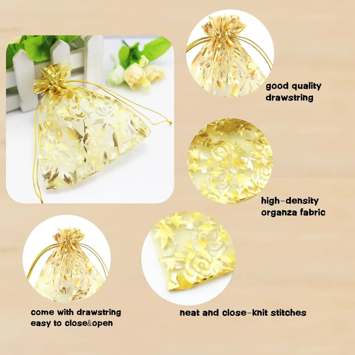 100 pcs 3.5 x 4.7 Inch Flower Heart Organza Jewelry Gift Pouch Candy Pouch Drawstring Wedding Favor Bags X92 (gold gold flower)