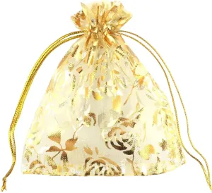 100 pcs 3.5 x 4.7 Inch Flower Heart Organza Jewelry Gift Pouch Candy Pouch Drawstring Wedding Favor Bags X92 (gold gold flower)