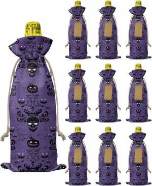 10pcs Burlap Wine Bags Ghost Pumpkin Skull Halloween Wine Bottle Gift Tags Haunted Mansion Purple Reusable Gift Bags with Drawstrings Wine Bottle Covers for Party Halloween Festival Gift Favors