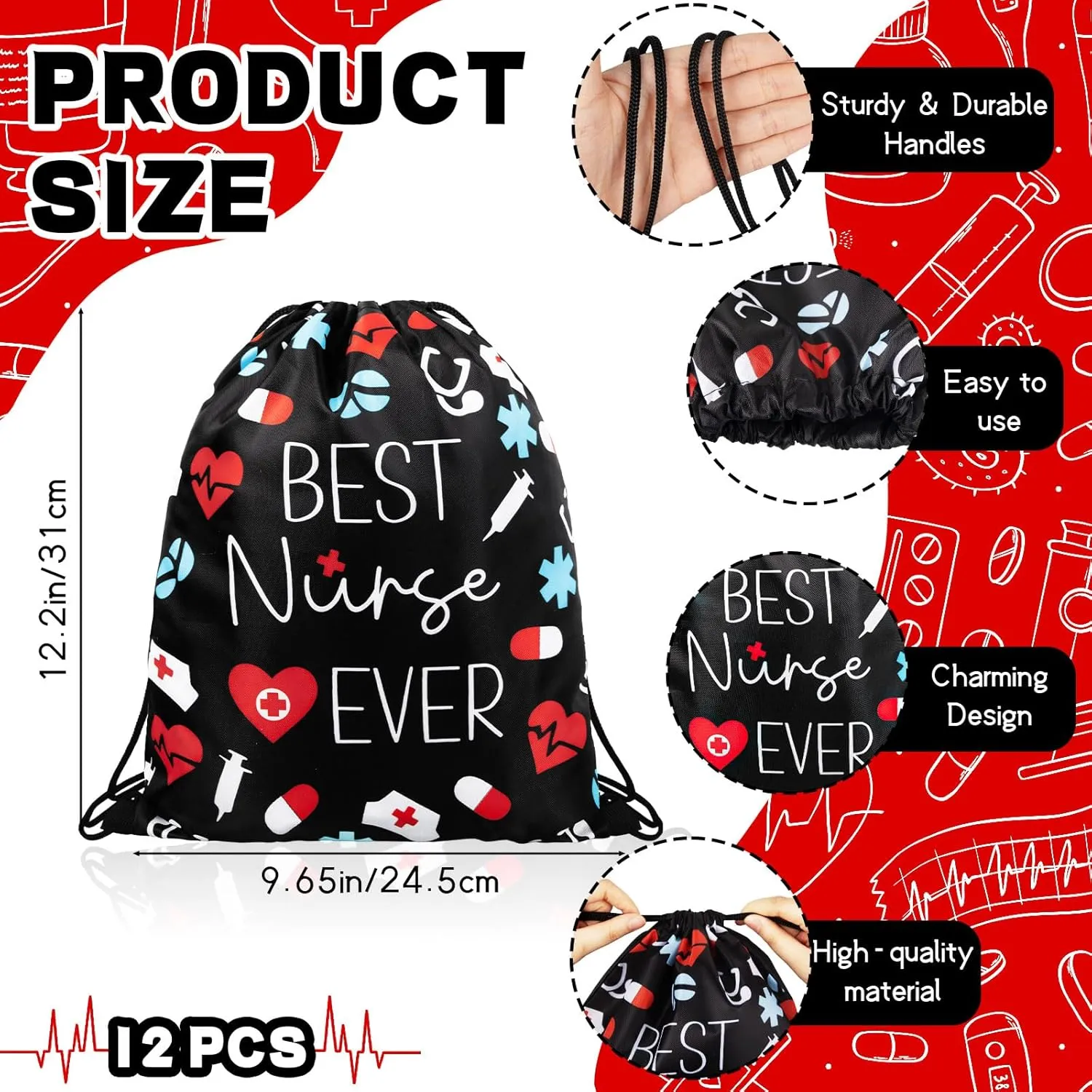 12 Pcs Nurse Drawstring Backpack Nurse Themed Pattern Draw String Bags Cute Nurse Polyester Shoulder Bag Nurse Appreciation Gifts for Nurses Week Nursing Students Teacher Hospital School Supplies