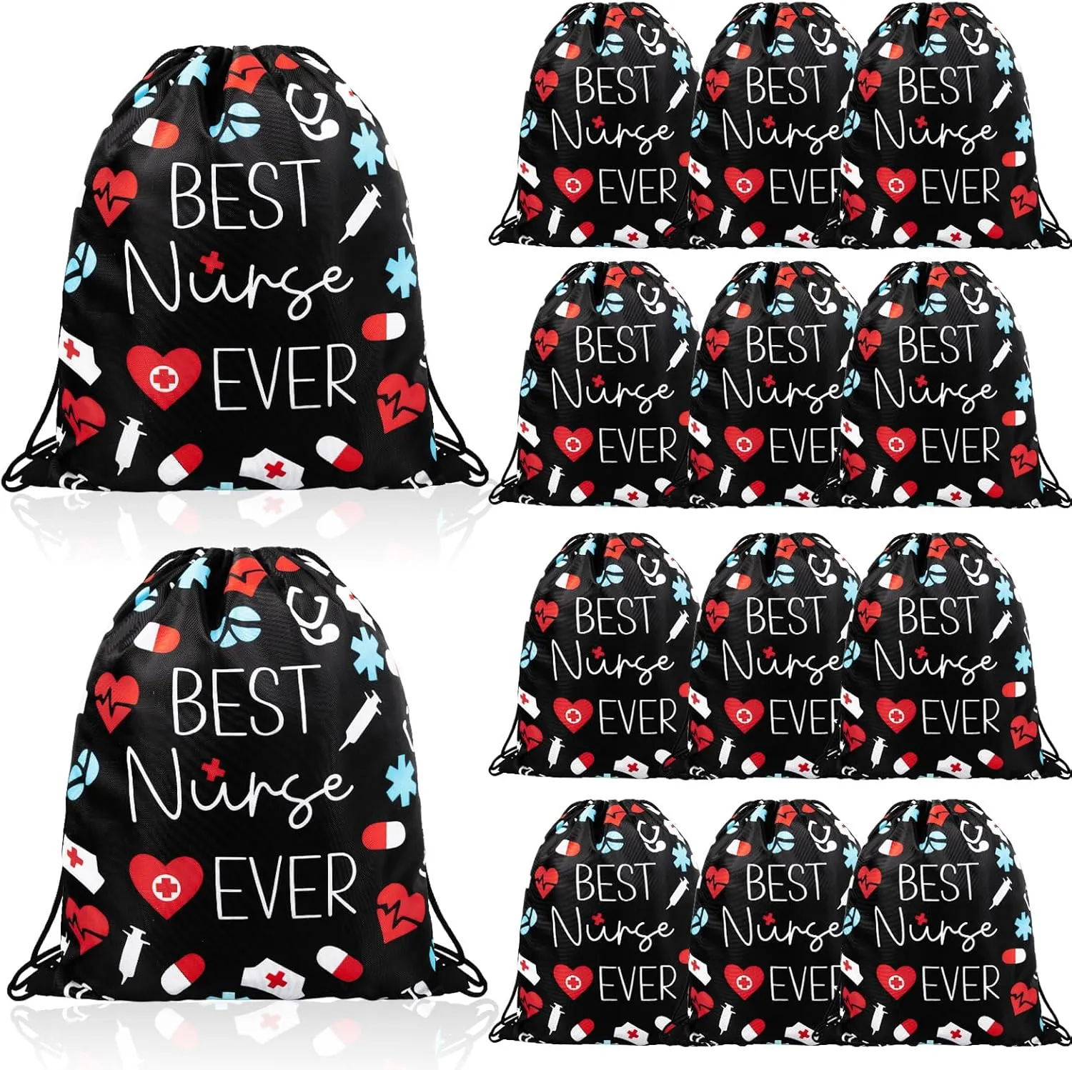 12 Pcs Nurse Drawstring Backpack Nurse Themed Pattern Draw String Bags Cute Nurse Polyester Shoulder Bag Nurse Appreciation Gifts for Nurses Week Nursing Students Teacher Hospital School Supplies