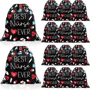 12 Pcs Nurse Drawstring Backpack Nurse Themed Pattern Draw String Bags Cute Nurse Polyester Shoulder Bag Nurse Appreciation Gifts for Nurses Week Nursing Students Teacher Hospital School Supplies