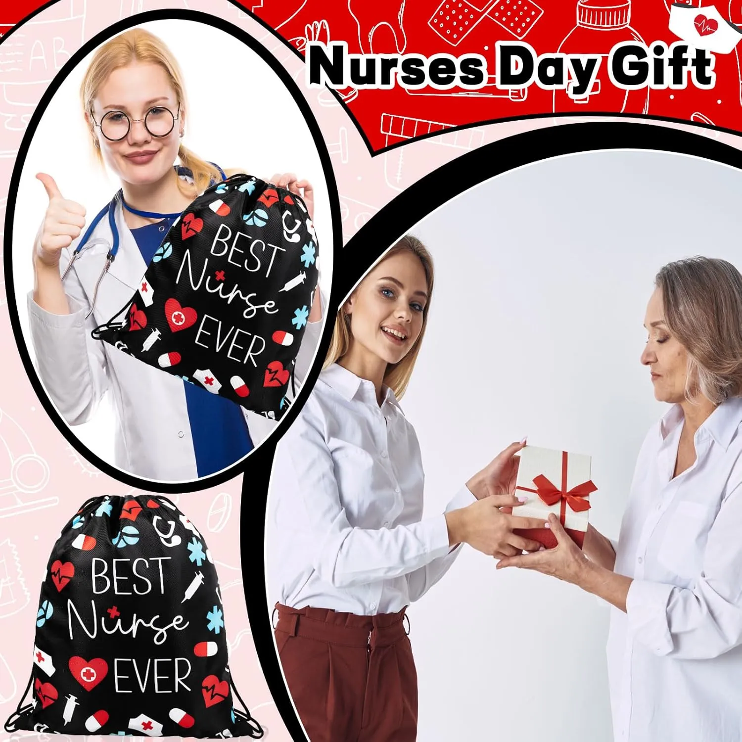 12 Pcs Nurse Drawstring Backpack Nurse Themed Pattern Draw String Bags Cute Nurse Polyester Shoulder Bag Nurse Appreciation Gifts for Nurses Week Nursing Students Teacher Hospital School Supplies