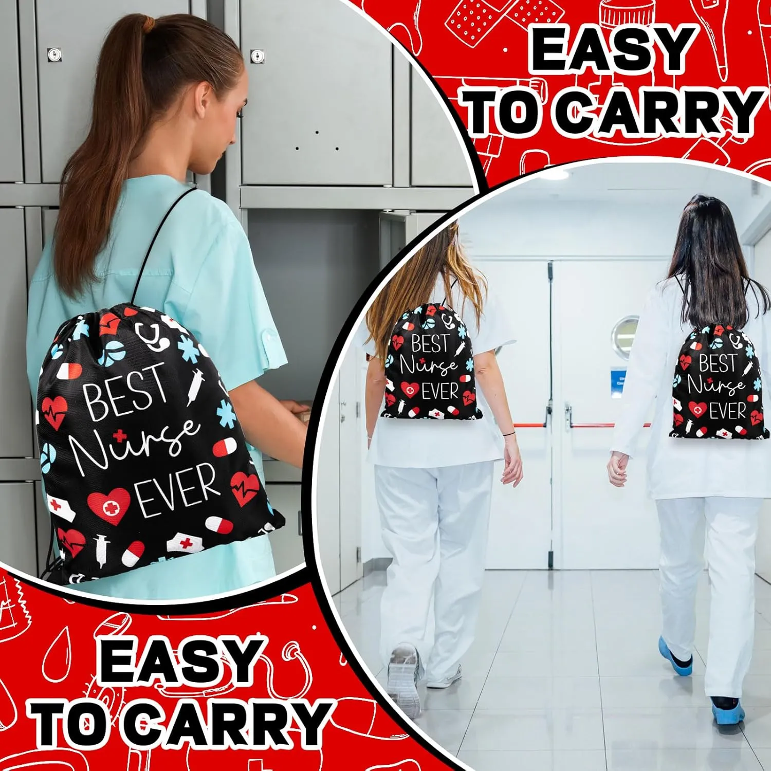 12 Pcs Nurse Drawstring Backpack Nurse Themed Pattern Draw String Bags Cute Nurse Polyester Shoulder Bag Nurse Appreciation Gifts for Nurses Week Nursing Students Teacher Hospital School Supplies