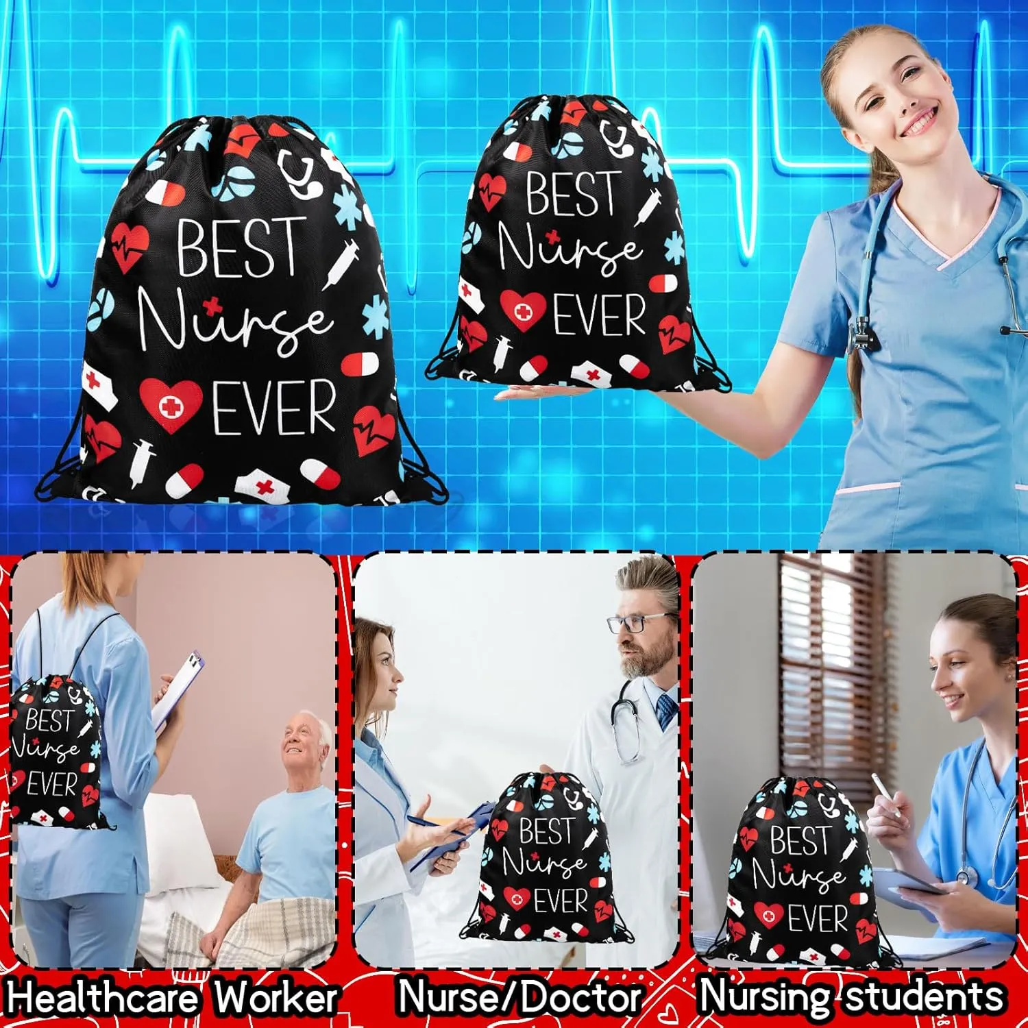 12 Pcs Nurse Drawstring Backpack Nurse Themed Pattern Draw String Bags Cute Nurse Polyester Shoulder Bag Nurse Appreciation Gifts for Nurses Week Nursing Students Teacher Hospital School Supplies