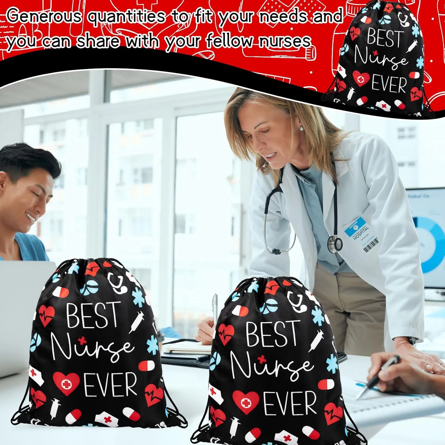 12 Pcs Nurse Drawstring Backpack Nurse Themed Pattern Draw String Bags Cute Nurse Polyester Shoulder Bag Nurse Appreciation Gifts for Nurses Week Nursing Students Teacher Hospital School Supplies