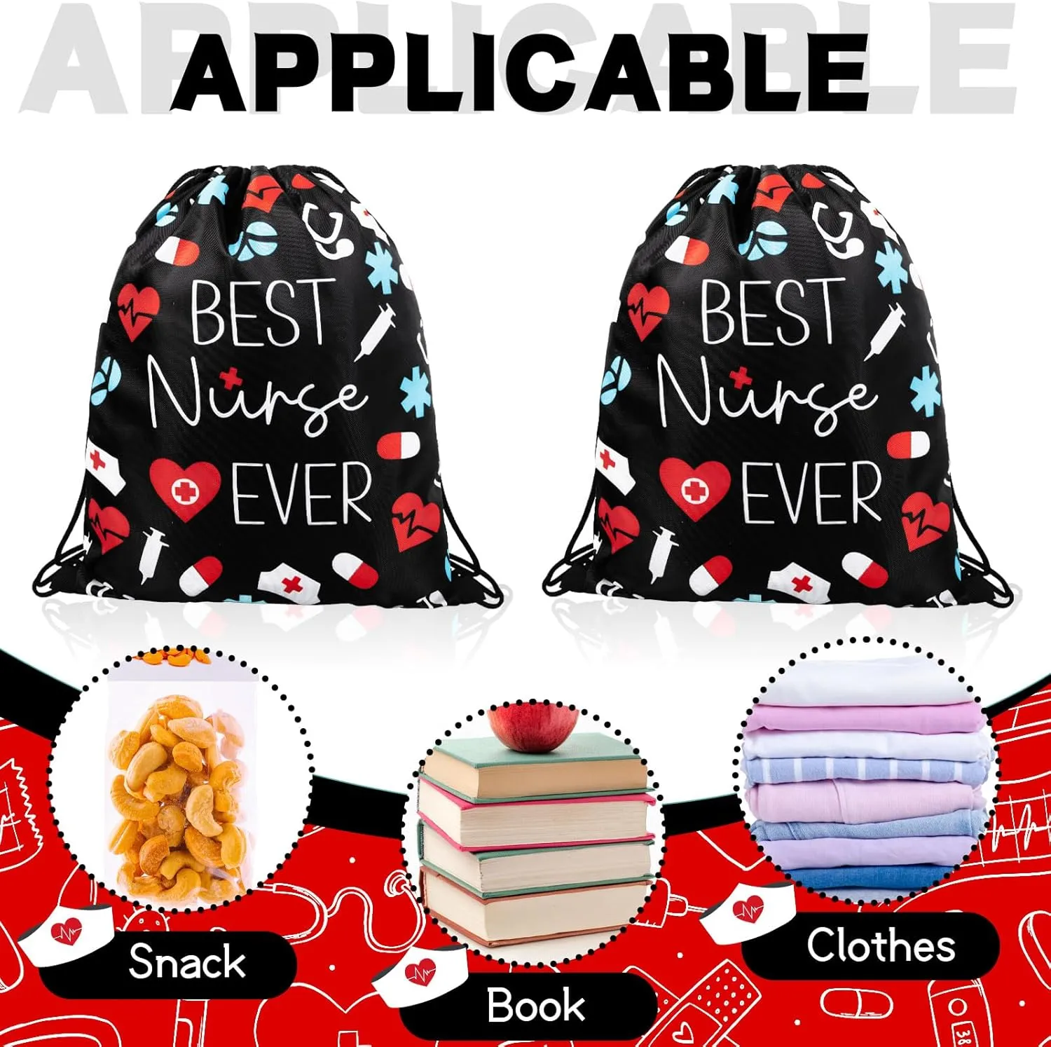 12 Pcs Nurse Drawstring Backpack Nurse Themed Pattern Draw String Bags Cute Nurse Polyester Shoulder Bag Nurse Appreciation Gifts for Nurses Week Nursing Students Teacher Hospital School Supplies