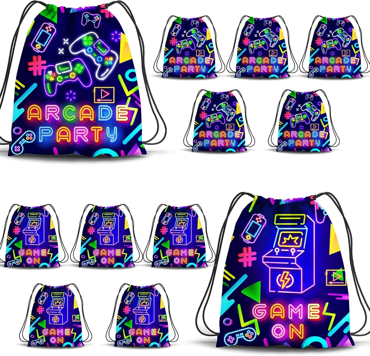 12PCS Neon Video Game Party Drawstring Bags 12 X 10 Inch Game on Theme Gifts Bags for Boys Arcade Party Backpack Video Game Party Supplies, 2 Styles