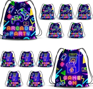 12PCS Neon Video Game Party Drawstring Bags 12 X 10 Inch Game on Theme Gifts Bags for Boys Arcade Party Backpack Video Game Party Supplies, 2 Styles