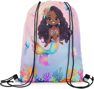 13"x15.7" inch Mermaid Drawstring Backpack,Cartoon Black Mermaid Drawstring Bag,Watercolor Rainbow Pastel Draw String Back Bag,Ocean Fish Coral String Backpack for Sport Gym Swim