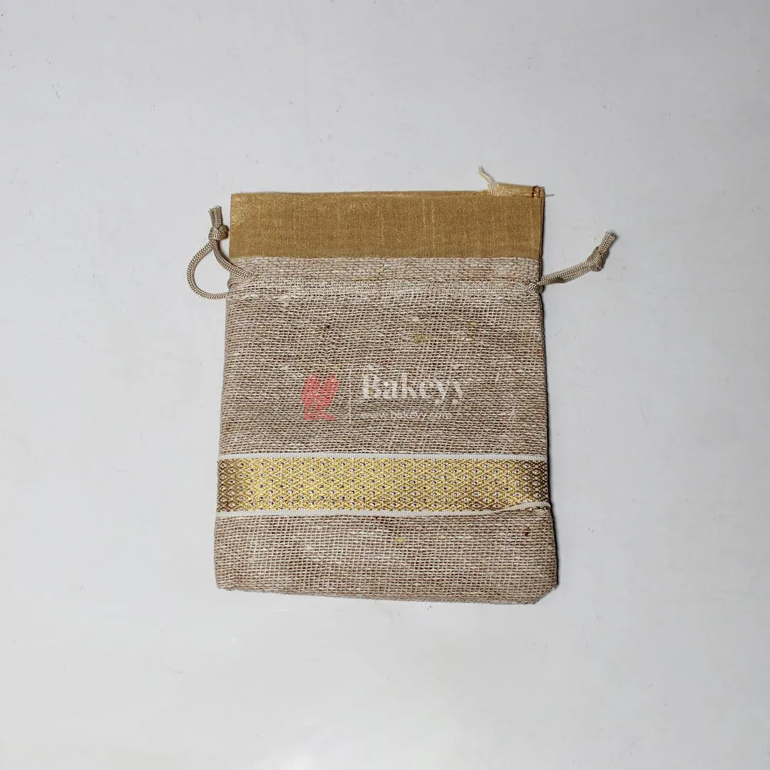 13x14 CM \ 5x6 inch| Elegant Jute  Cream Drawstring Gift Bag | Drawstring Bags | Pack of 10