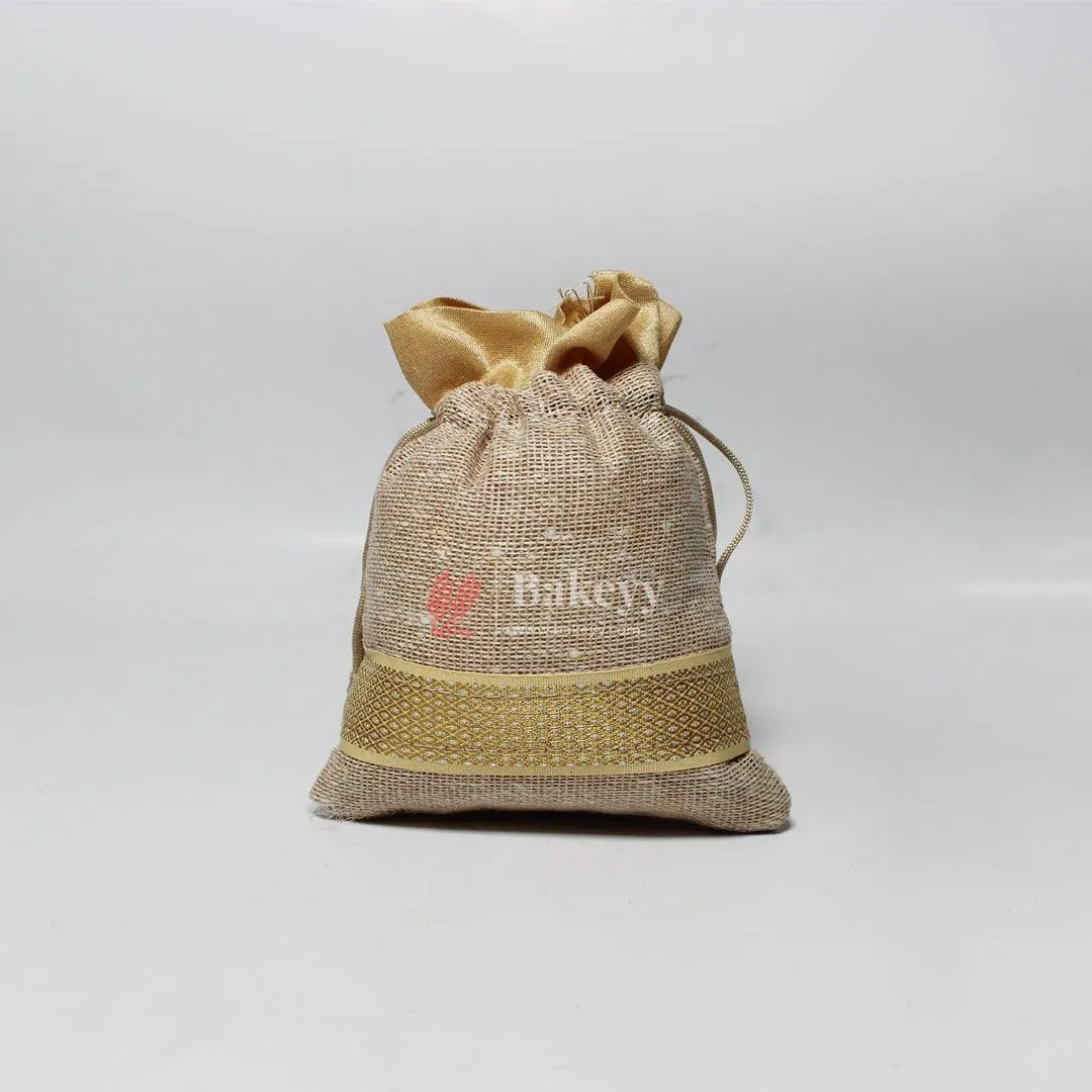 13x14 CM \ 5x6 inch| Elegant Jute  Cream Drawstring Gift Bag | Drawstring Bags | Pack of 10