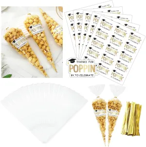 150 Set Graduation Treat Bags with Thanks for Popping by Sticker Twist Ties 2025 Plastic Clear Goodies Candy Wrapping Bags Bulk for Popcorn Cookie Snack Congrats Grad Party Favors
