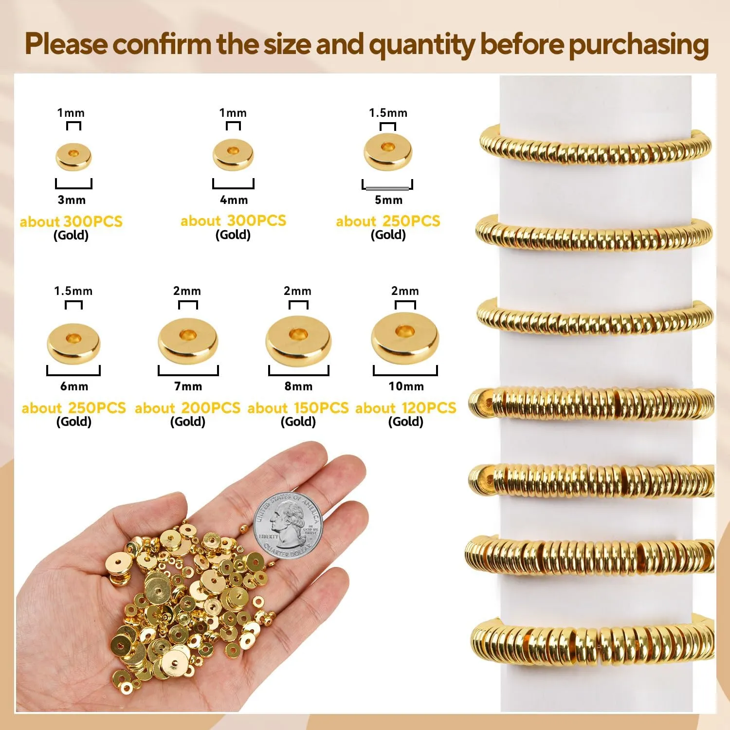 150Pcs 18K Gold Filled Flat Round Spacer Beads, Tiny Rondelle Coin Disc Loose Beads for Jewelry Findings Making, Small Handmade Beads for DIY Bracelet Necklace Earring Bulk Making Supply (8mmGold)
