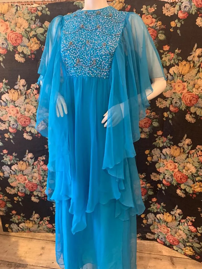 1970s Cobalt Blue Chiffon Angel Sleeve Maxi Dress with Sequin Embellishment