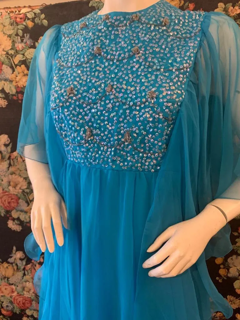 1970s Cobalt Blue Chiffon Angel Sleeve Maxi Dress with Sequin Embellishment