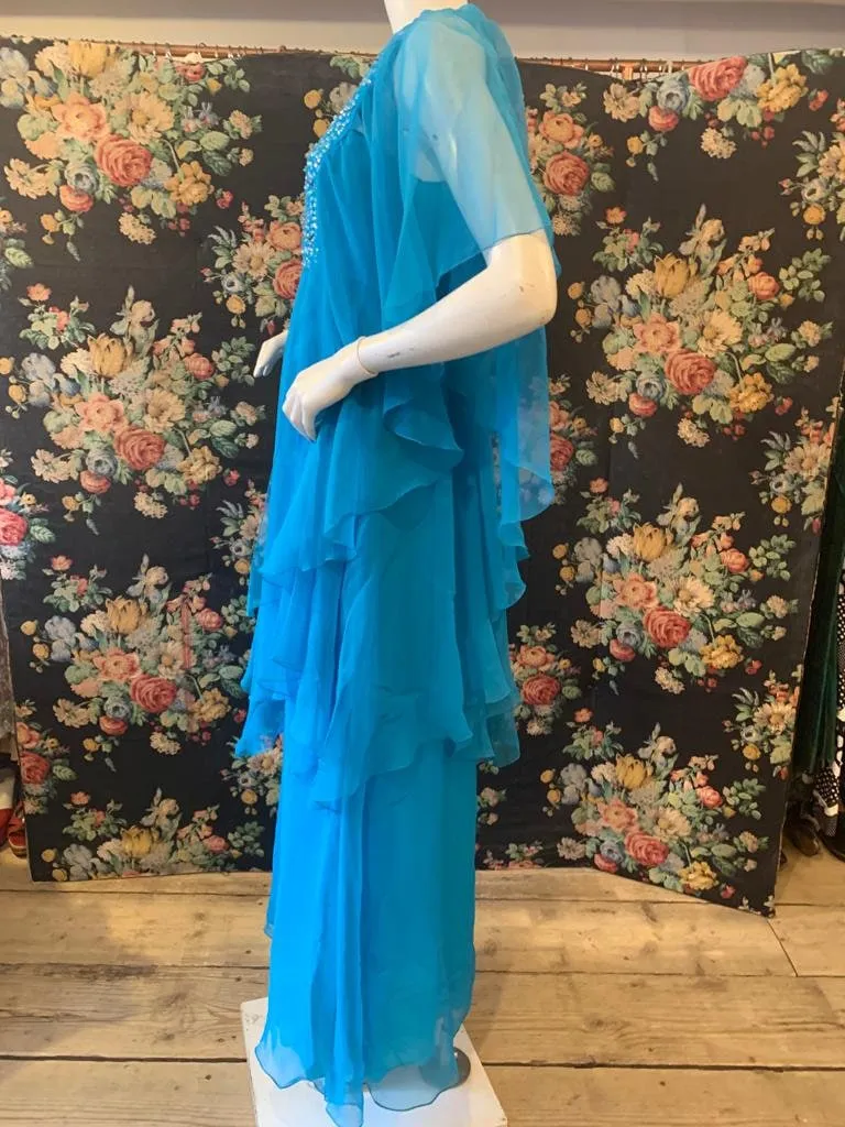 1970s Cobalt Blue Chiffon Angel Sleeve Maxi Dress with Sequin Embellishment