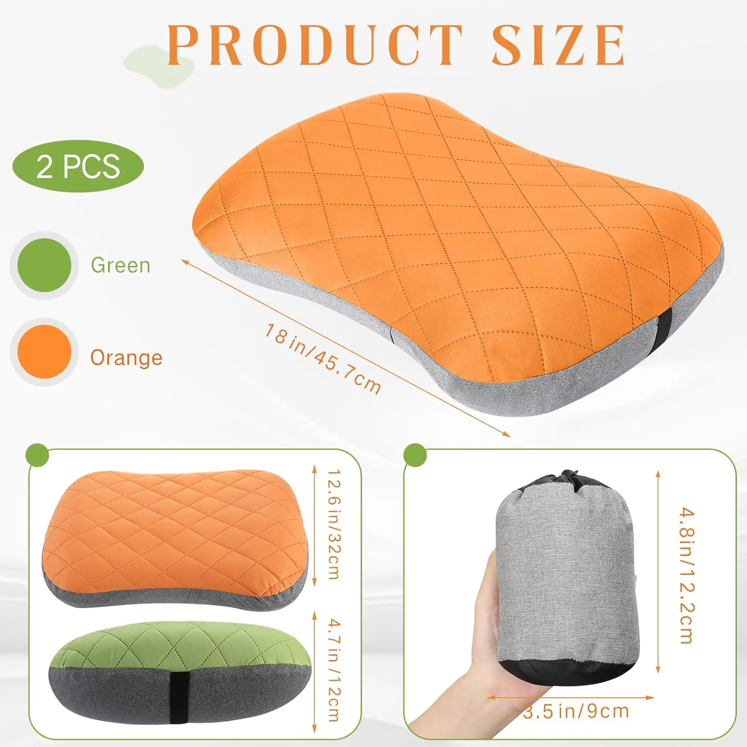 2 Pack Inflatable Travel Camping Pillow with Removable Cover Backpacking Blow up Neck Air Pillow Compressible for Lumbar Support Travel Hiking(Orange,Green)