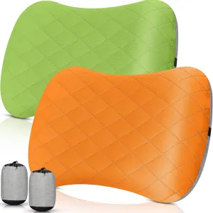 2 Pack Inflatable Travel Camping Pillow with Removable Cover Backpacking Blow up Neck Air Pillow Compressible for Lumbar Support Travel Hiking(Orange,Green)