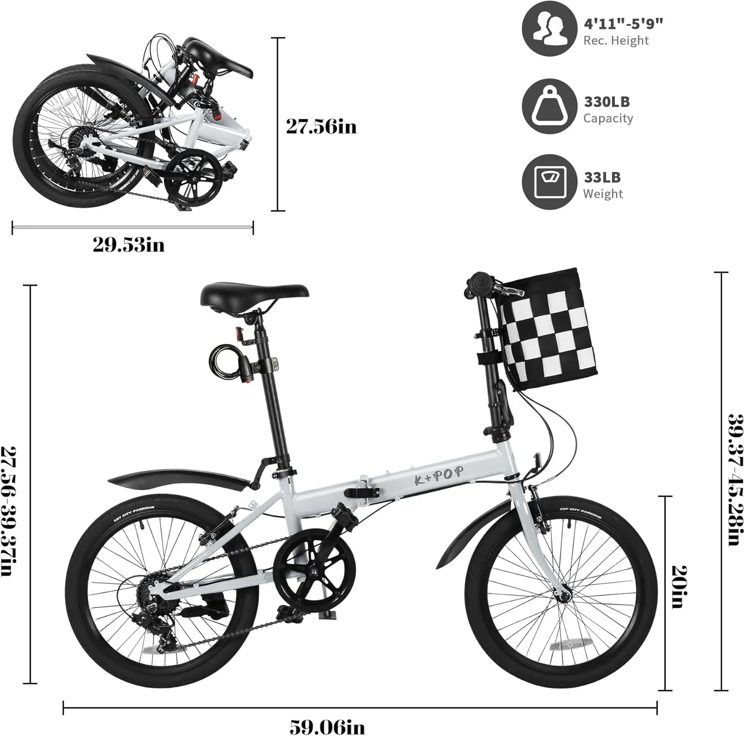 20 Inch Folding Bike for Adults, 7 Speed Foldable Bike with Basket, Lightweight Folding Bicycle with Adjustable Seat & Front and Rear V-Brakes
