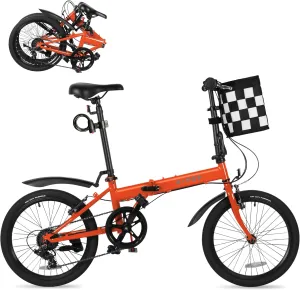 20 Inch Folding Bike for Adults, 7 Speed Foldable Bike with Basket, Lightweight Folding Bicycle with Adjustable Seat & Front and Rear V-Brakes