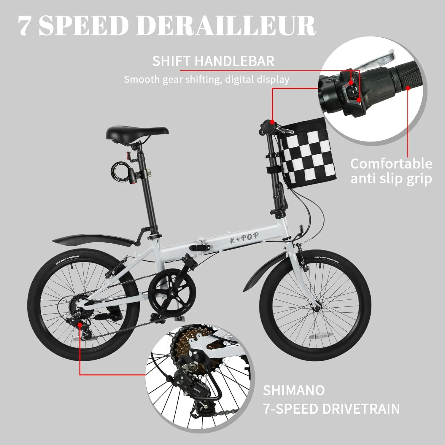 20 Inch Folding Bike for Adults, 7 Speed Foldable Bike with Basket, Lightweight Folding Bicycle with Adjustable Seat & Front and Rear V-Brakes