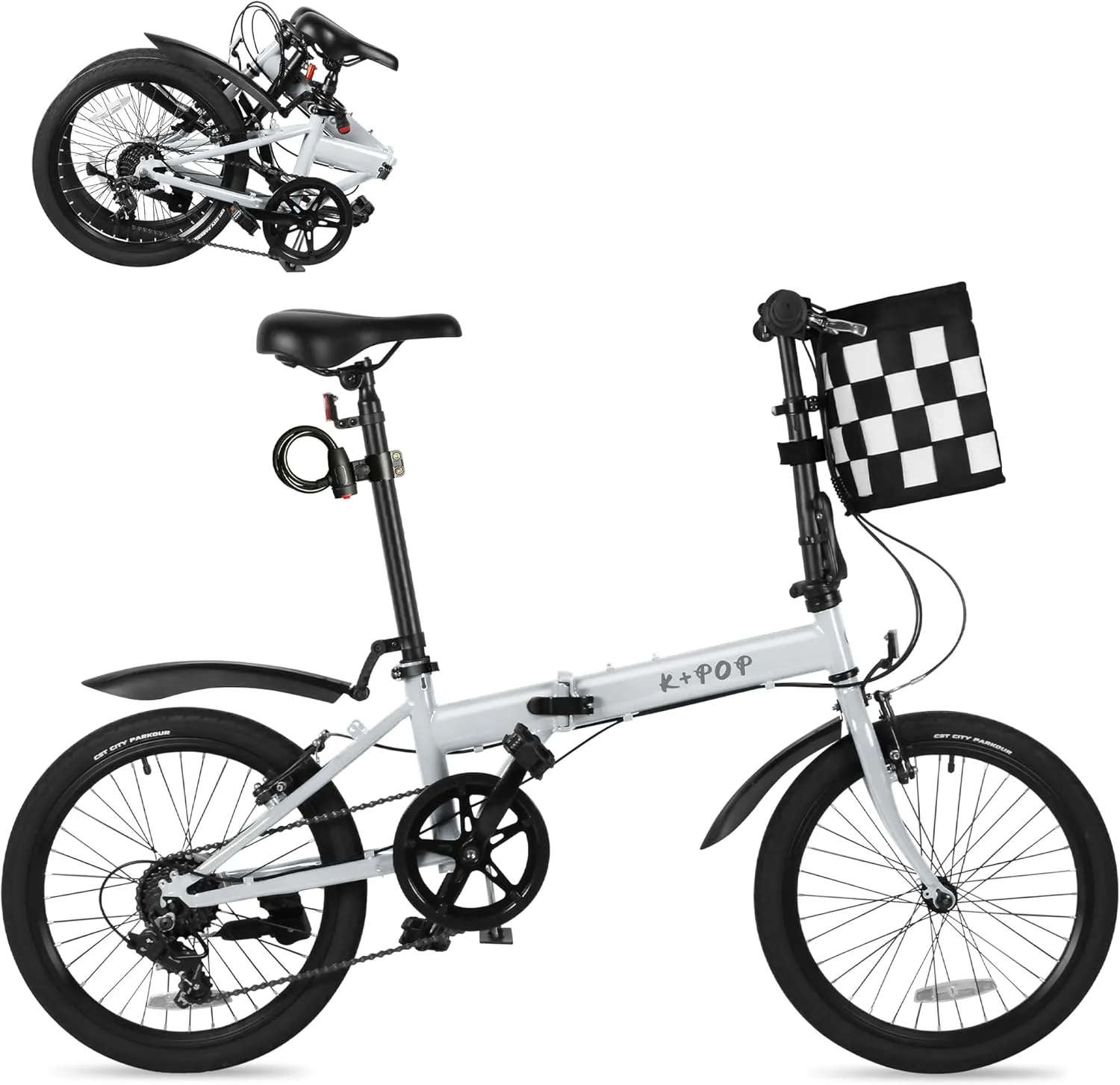 20 Inch Folding Bike for Adults, 7 Speed Foldable Bike with Basket, Lightweight Folding Bicycle with Adjustable Seat & Front and Rear V-Brakes