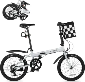 20 Inch Folding Bike for Adults, 7 Speed Foldable Bike with Basket, Lightweight Folding Bicycle with Adjustable Seat & Front and Rear V-Brakes