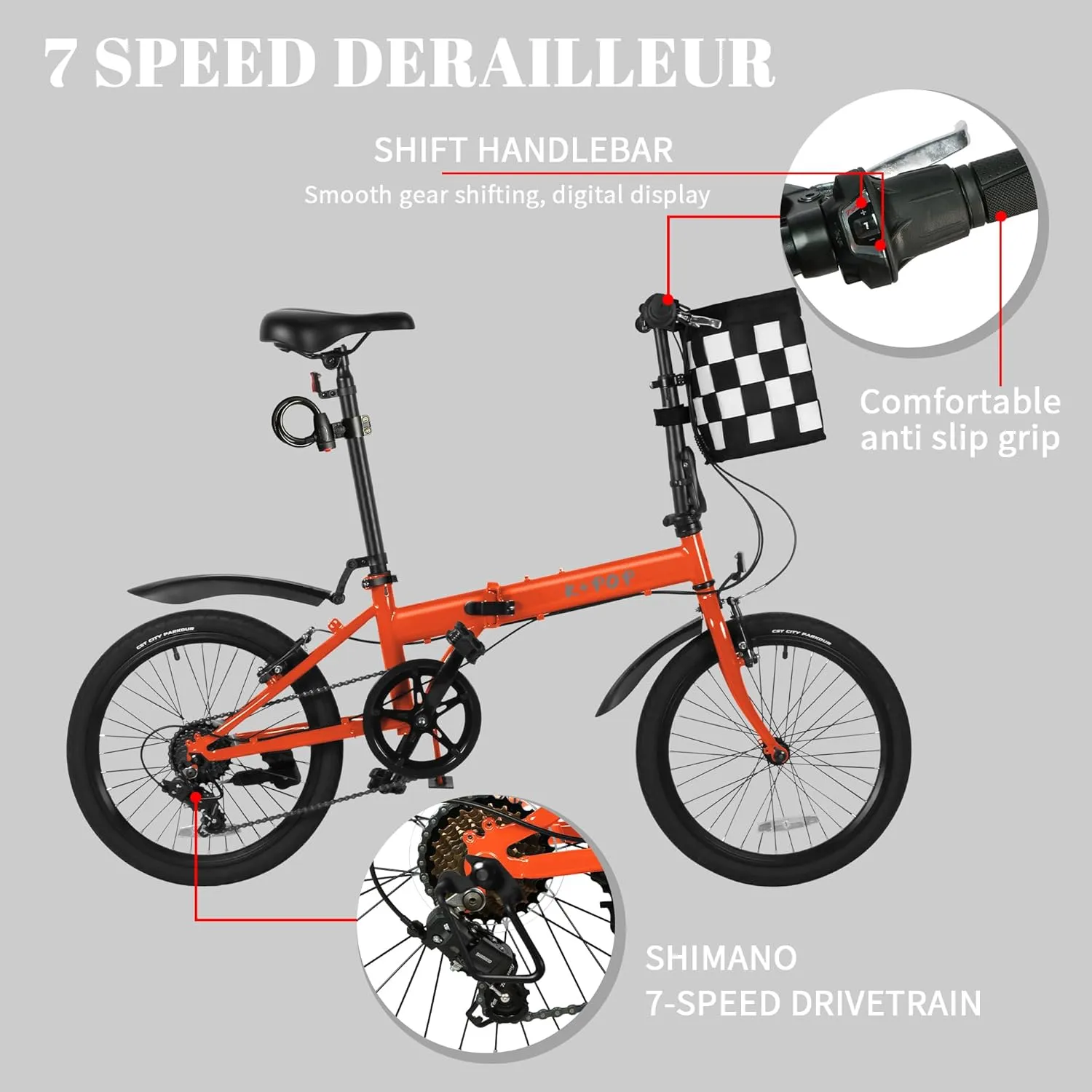 20 Inch Folding Bike for Adults, 7 Speed Foldable Bike with Basket, Lightweight Folding Bicycle with Adjustable Seat & Front and Rear V-Brakes