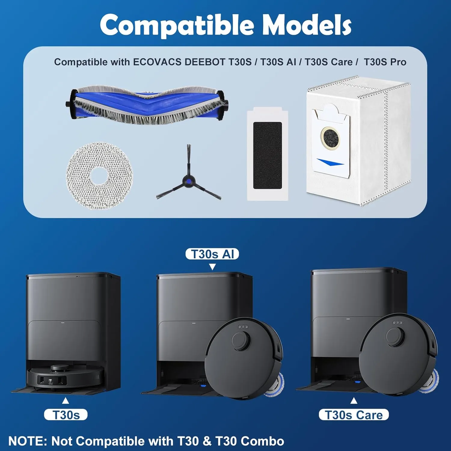 20 Pack T30S Replacement Accessories Kit Compatible with ECOVACS T30S / T30S AI / T30S Care Robot Vacuum, 1 Main Brushes, 4 Side Brushes, 4 Mop Cloth Pads, 4 HEPA Filters, 6 dust bags,1 Tool
