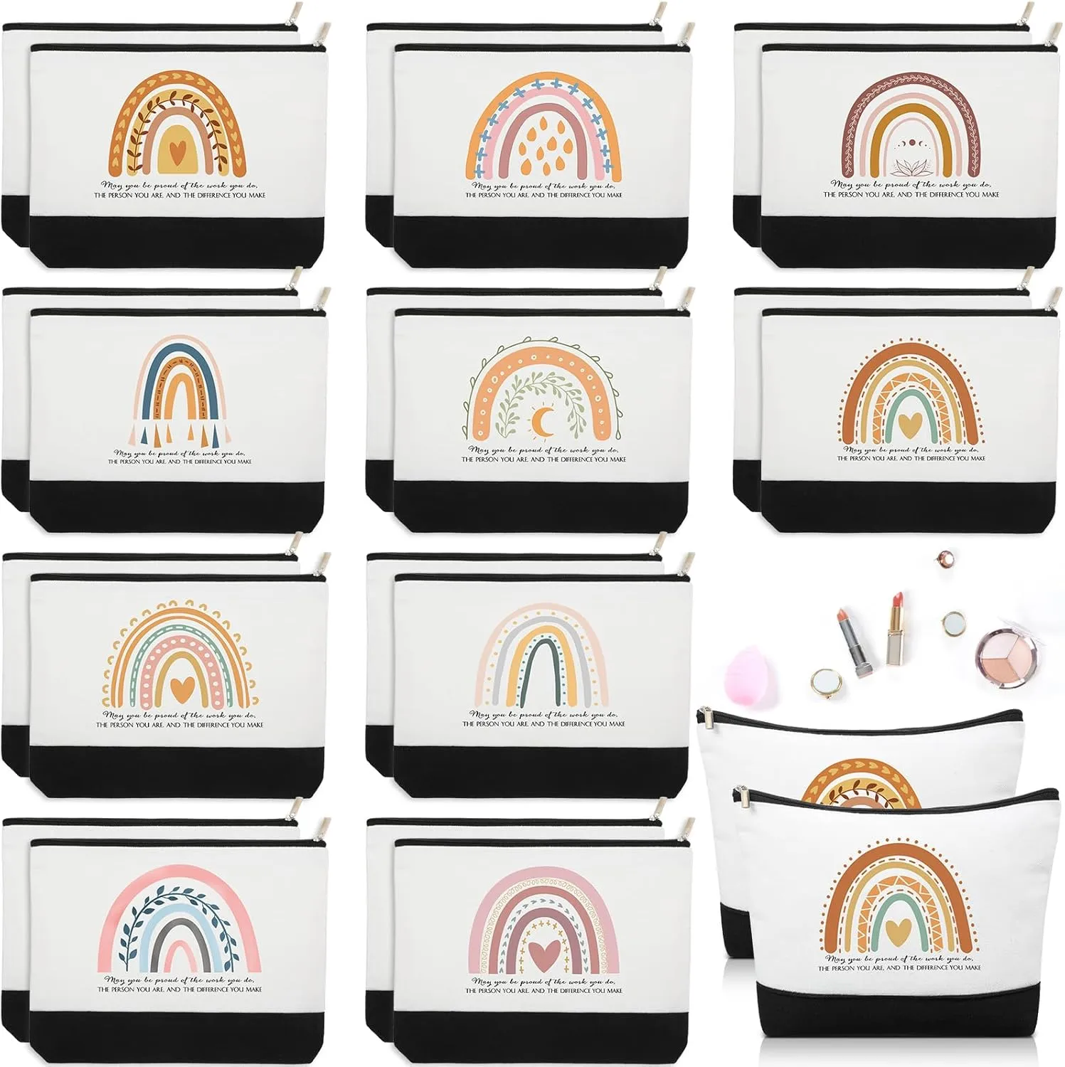 20 Pcs Boho Inspirational Gifts Cosmetic Bags May You Be Proud Gift Pouch Motivational Gift Rainbow Canvas Cosmetic Bag with Zipper Appreciation Makeup Bags for Women Nurse Week Teacher Employee