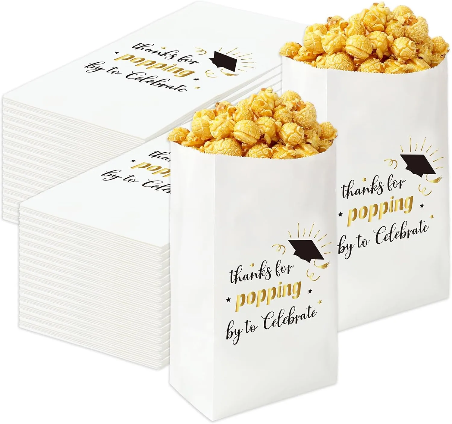 200Pcs Thanks for Popping By to Celebrate Popcorn Bag Graduation Treat Paper Bags Grease Resistant Candy Goodie Bags for Class of 2025 Congrats Grad Party Cookie Snack Packing