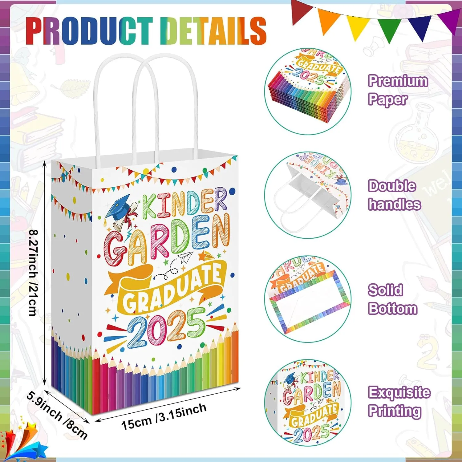 2025 Kindergarten Graduation Gift Bags Graduate 2025 Graduation Cap Patterned Goodie Bags for Graduation Party Supplies