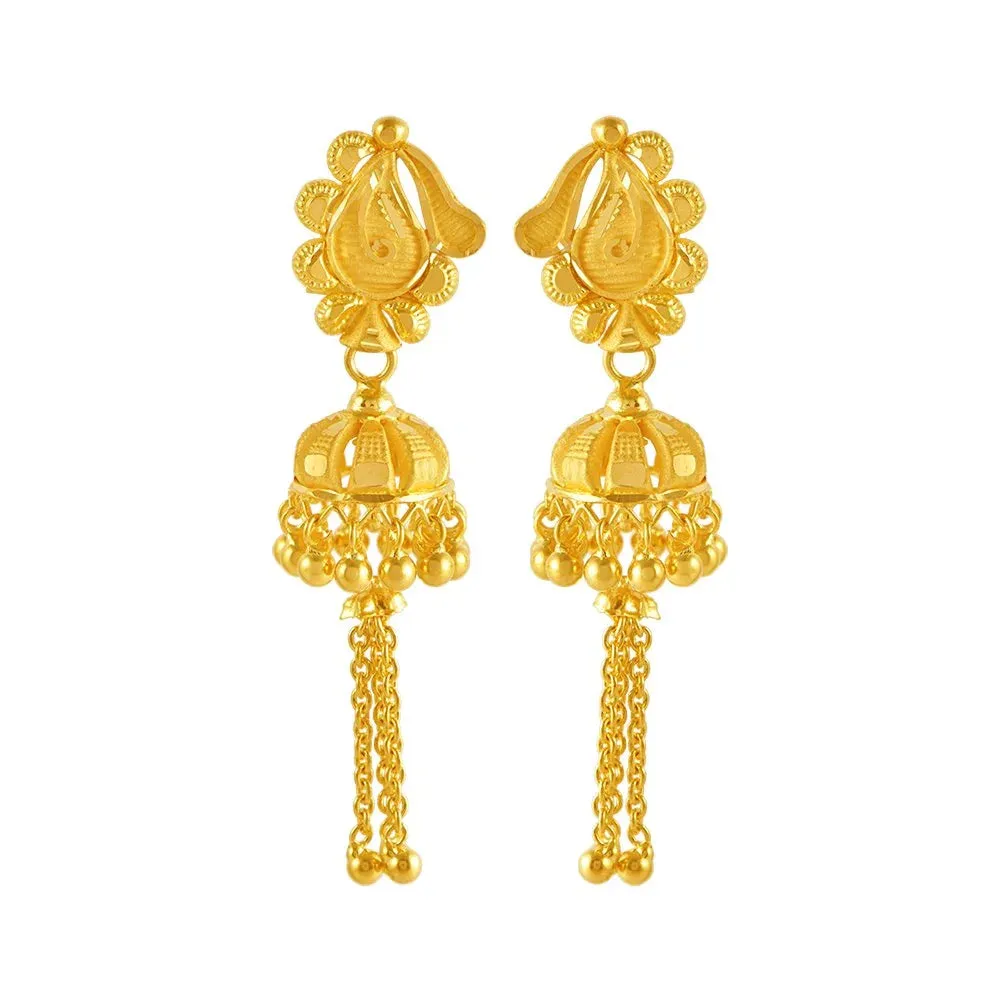 22KT (916) Yellow Gold Jhumka Earrings With Swinging Beaded Chains