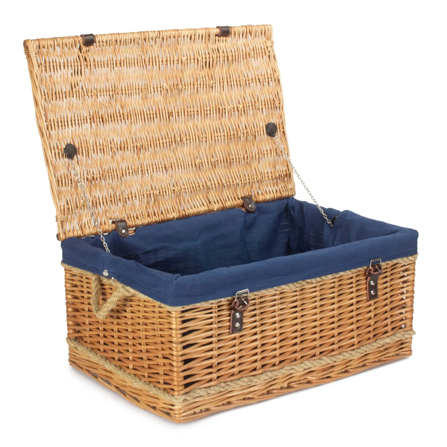 24 Inch Rope Handled Willow Hamper Trunk with Navy Blue Lining