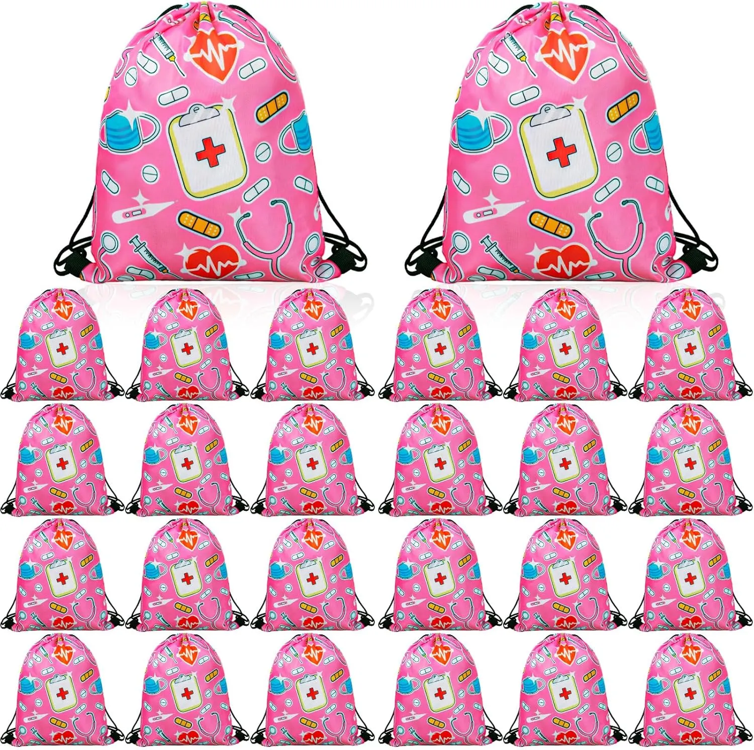 24 Pcs Nurse Drawstring Backpack Nurse Themed Pattern Shoulder Bag Cute Pink Nurse Polyester Travel Bag Nurse Appreciation Gifts for Nurses Week Nursing Students Teacher Hospital School Supplies