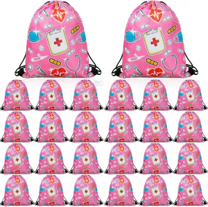24 Pcs Nurse Drawstring Backpack Nurse Themed Pattern Shoulder Bag Cute Pink Nurse Polyester Travel Bag Nurse Appreciation Gifts for Nurses Week Nursing Students Teacher Hospital School Supplies