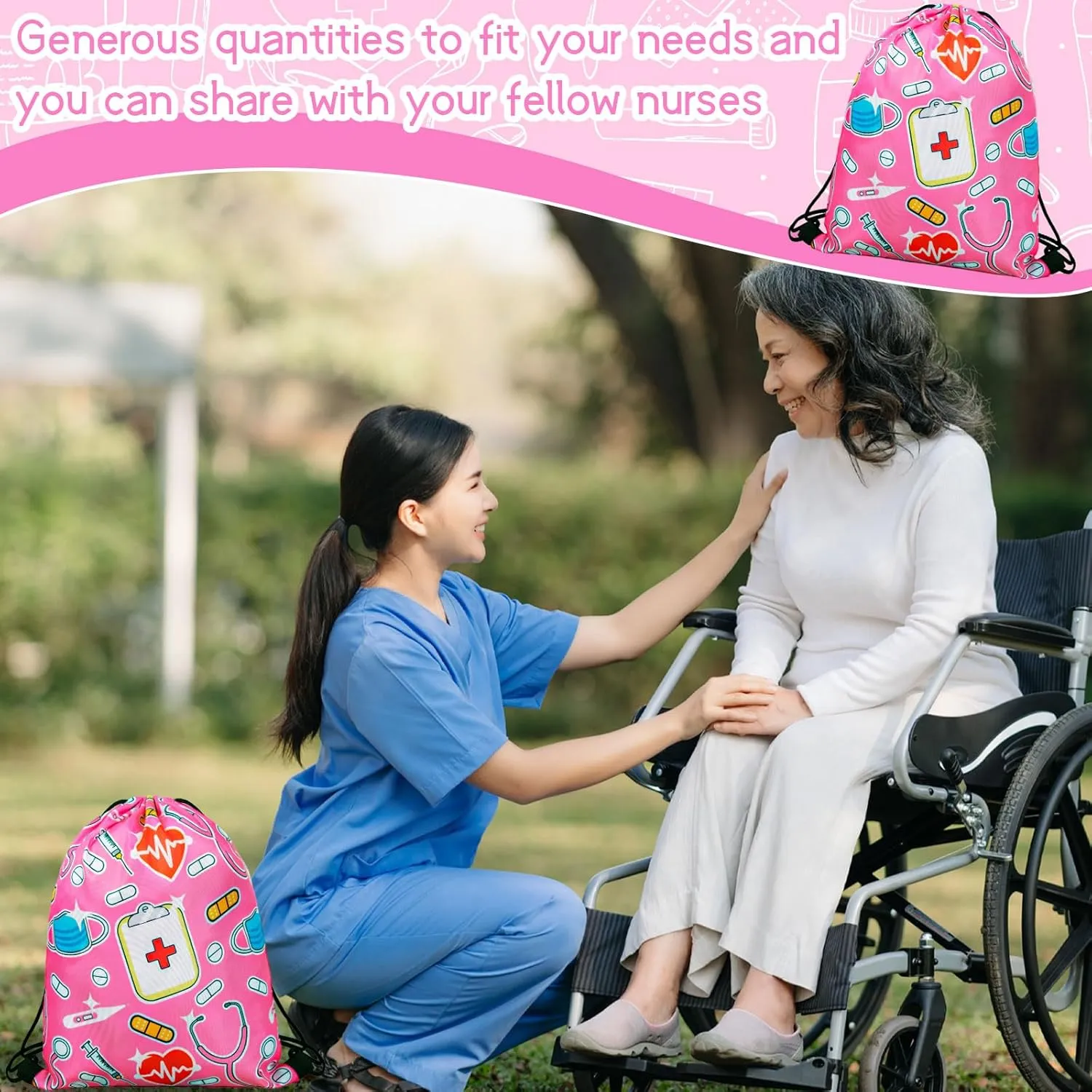 24 Pcs Nurse Drawstring Backpack Nurse Themed Pattern Shoulder Bag Cute Pink Nurse Polyester Travel Bag Nurse Appreciation Gifts for Nurses Week Nursing Students Teacher Hospital School Supplies