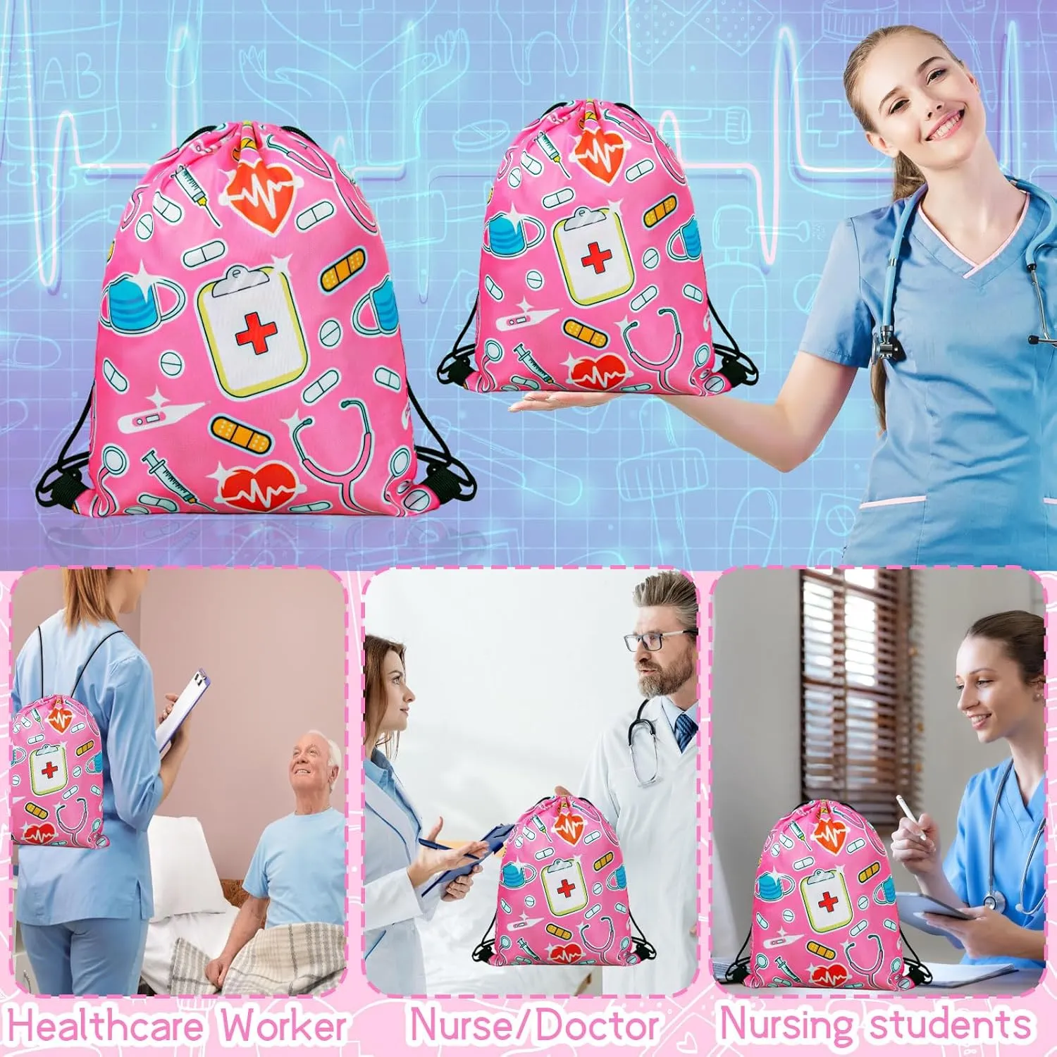 24 Pcs Nurse Drawstring Backpack Nurse Themed Pattern Shoulder Bag Cute Pink Nurse Polyester Travel Bag Nurse Appreciation Gifts for Nurses Week Nursing Students Teacher Hospital School Supplies