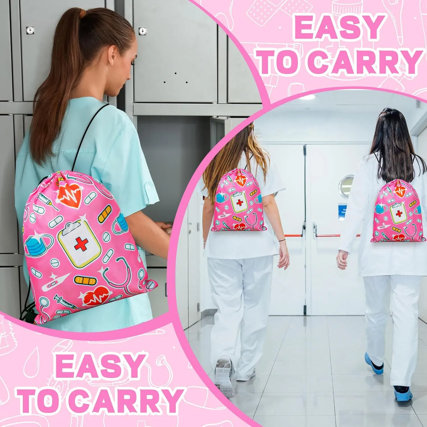 24 Pcs Nurse Drawstring Backpack Nurse Themed Pattern Shoulder Bag Cute Pink Nurse Polyester Travel Bag Nurse Appreciation Gifts for Nurses Week Nursing Students Teacher Hospital School Supplies