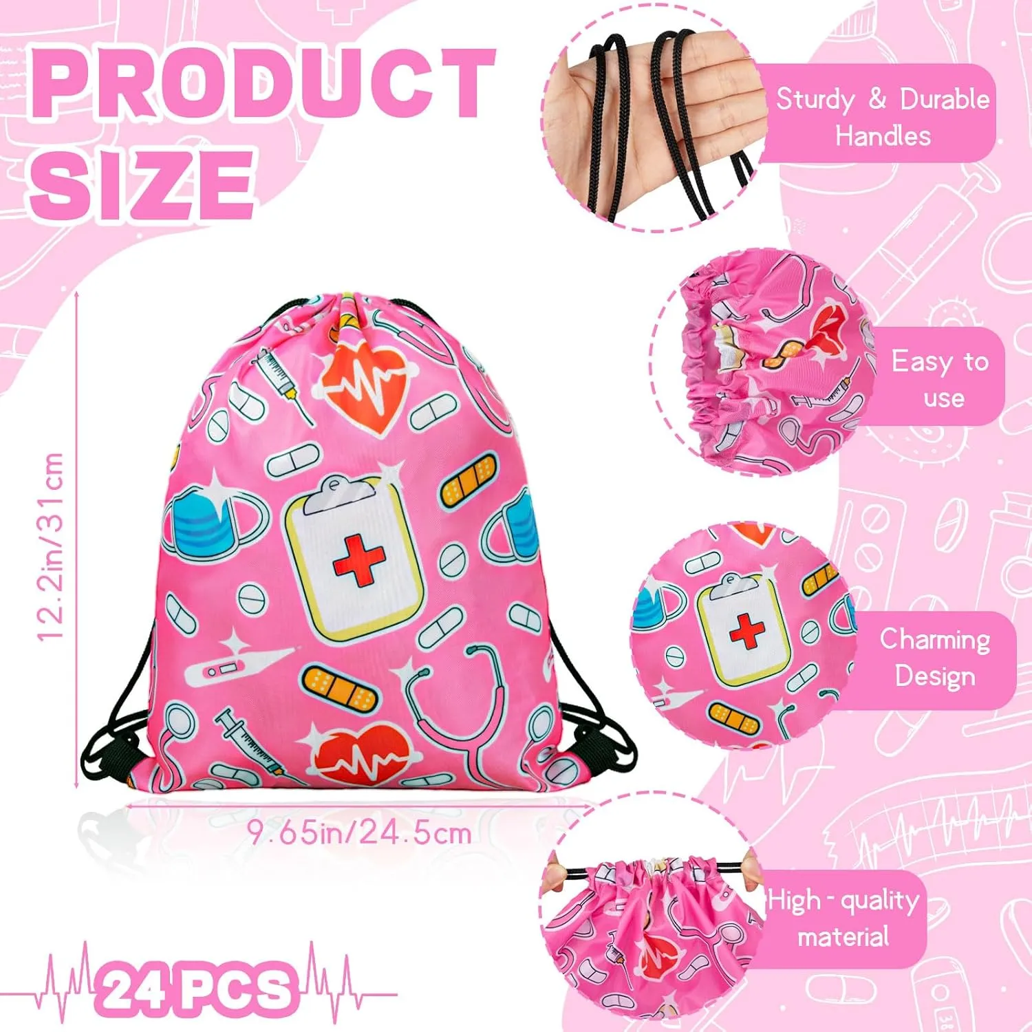 24 Pcs Nurse Drawstring Backpack Nurse Themed Pattern Shoulder Bag Cute Pink Nurse Polyester Travel Bag Nurse Appreciation Gifts for Nurses Week Nursing Students Teacher Hospital School Supplies