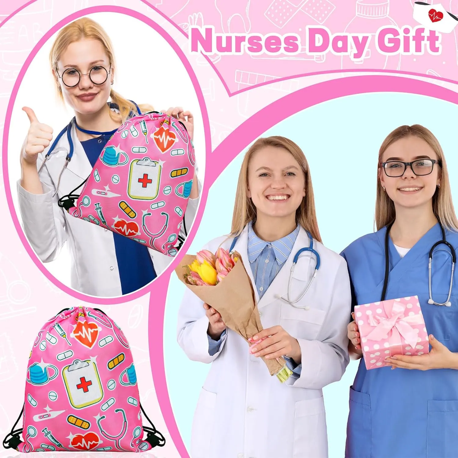 24 Pcs Nurse Drawstring Backpack Nurse Themed Pattern Shoulder Bag Cute Pink Nurse Polyester Travel Bag Nurse Appreciation Gifts for Nurses Week Nursing Students Teacher Hospital School Supplies
