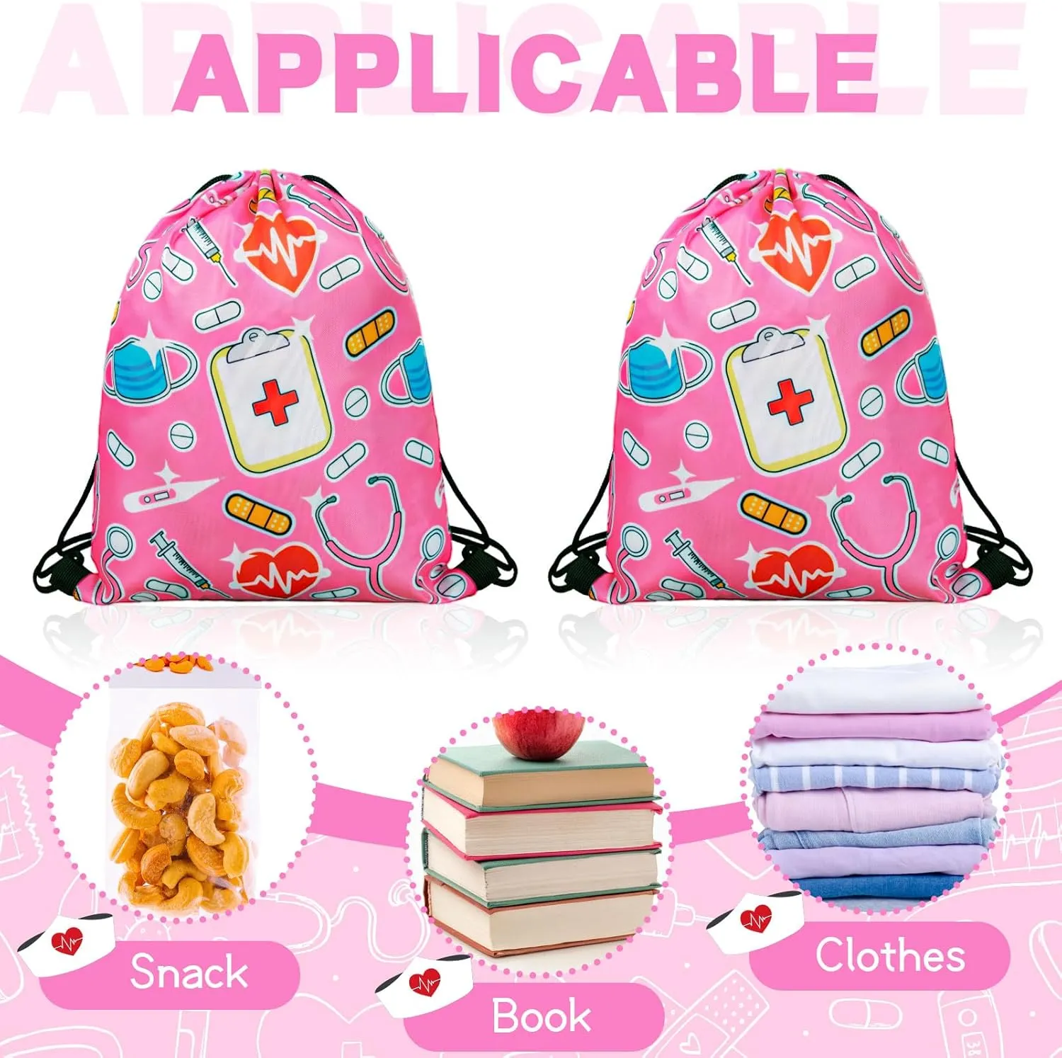 24 Pcs Nurse Drawstring Backpack Nurse Themed Pattern Shoulder Bag Cute Pink Nurse Polyester Travel Bag Nurse Appreciation Gifts for Nurses Week Nursing Students Teacher Hospital School Supplies